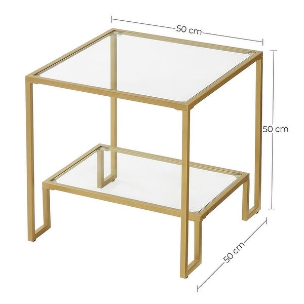 Side Table, End Table, Nightstand, Glass Shelves, Steel Frame, for Living Room Bedroom, 19.7 x 19.7 x 19.7 Inches, Golden