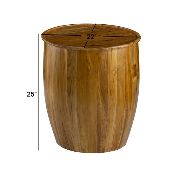 25 Inch Round Accent Side Table, Mango Wood, Barrel Shape, Classic Brown