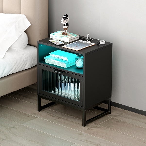 Nightstand with LED Lights Drawer, Black Bedside Table for Bedroom