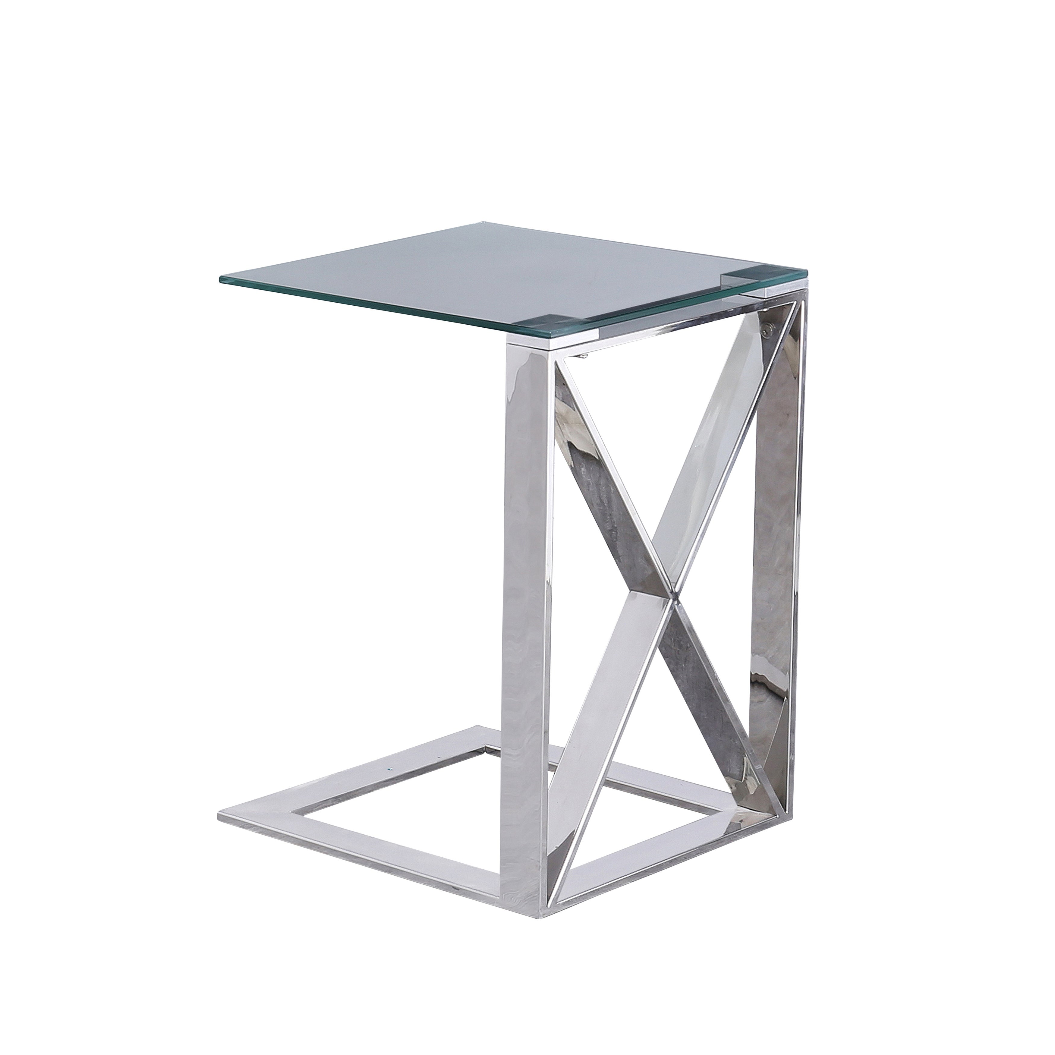22 Inch Metal X Frame Glass Top Side Table, Silver