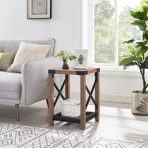 Farmhouse Wood Side Table, Nightstand with Mesh Shelf