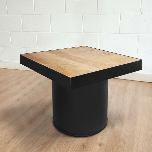 21 Inch Wooden Side Table with Block Metal Base, Brown and Black