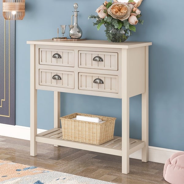 Exquisite Simplicity Sideboard Console Table with 4 Drawers Bottom Shelf, Modern Solid Wood Sofa Table for Living Room and Bedroom