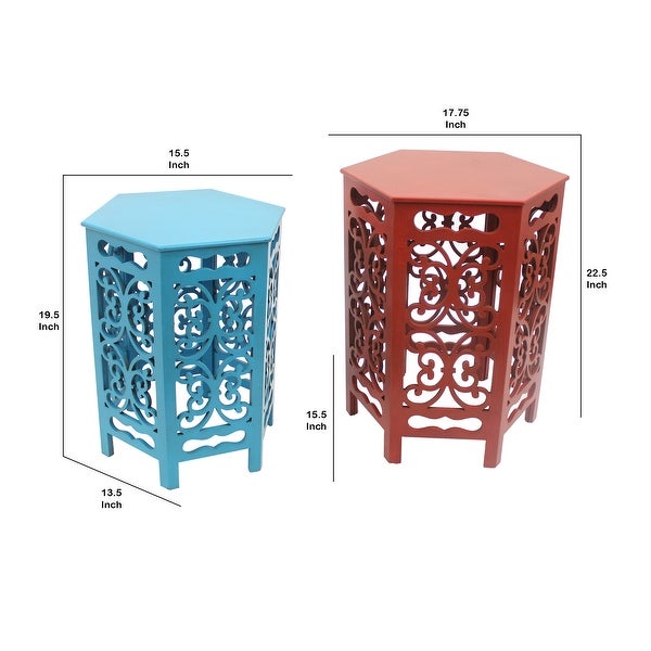 2 Piece Hexagonal Wooden Side Table with Cut Out Details, Red and Blue