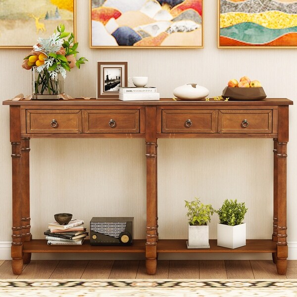 Rectangular Console Table Sofa Table with Drawers and Long Shelf, Walnut