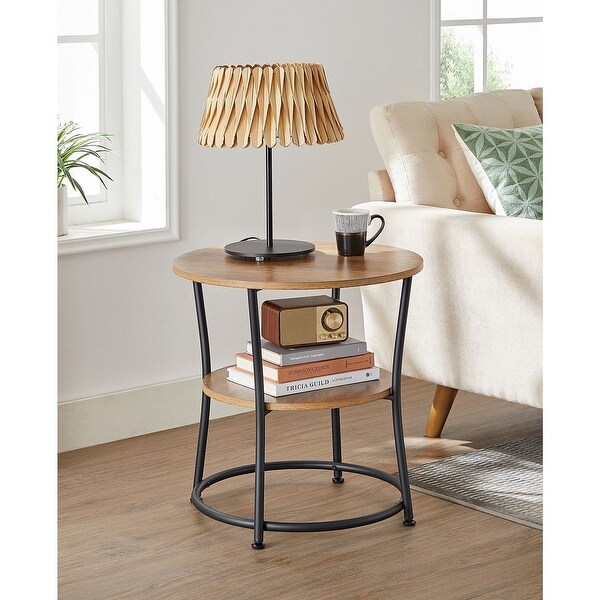 Side Table, Round End Table with 2 Shelves, Living Room, Bedroom, Easy Assembly, Steel Frame, Rustic Walnut and Black