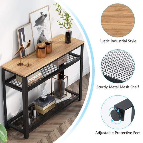 Console Table, Entryway Hallway Table with 2 Mesh Storage Shelves,Sofa Table Behind Couch