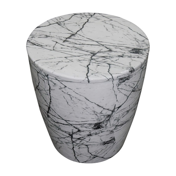 16 Inch Round Accent Side Table, Aluminum Sheet, Faux Marble, Enamel Coating, White - 16 H x 15 W x 15 L