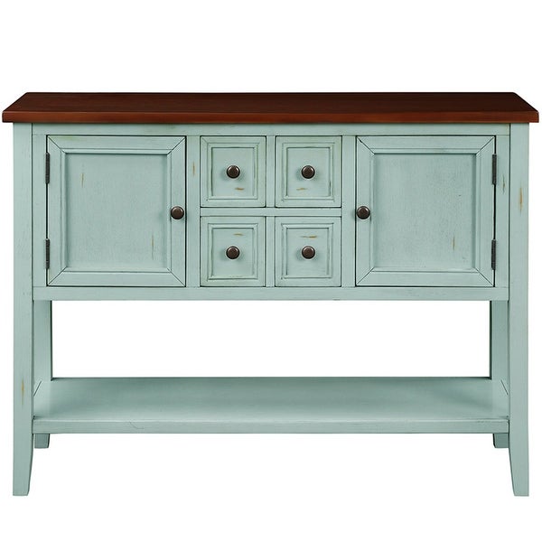 Wooden Console Table with 4 Storage Drawers and 2 Cabinets, Sofa Table with Bottom Shelf and Solid Wood Legs, Retro Blue