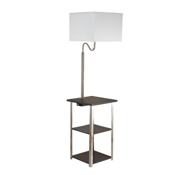 2 Shelf Wooden Side Table with Attached Floor Lamp, Silver and Brown