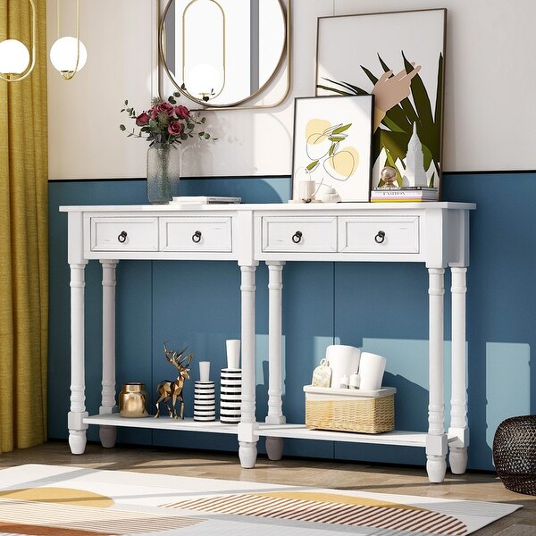 Control table with 2 drawers and bottom shelf, farmhouse couch table with solid wood tapered legs