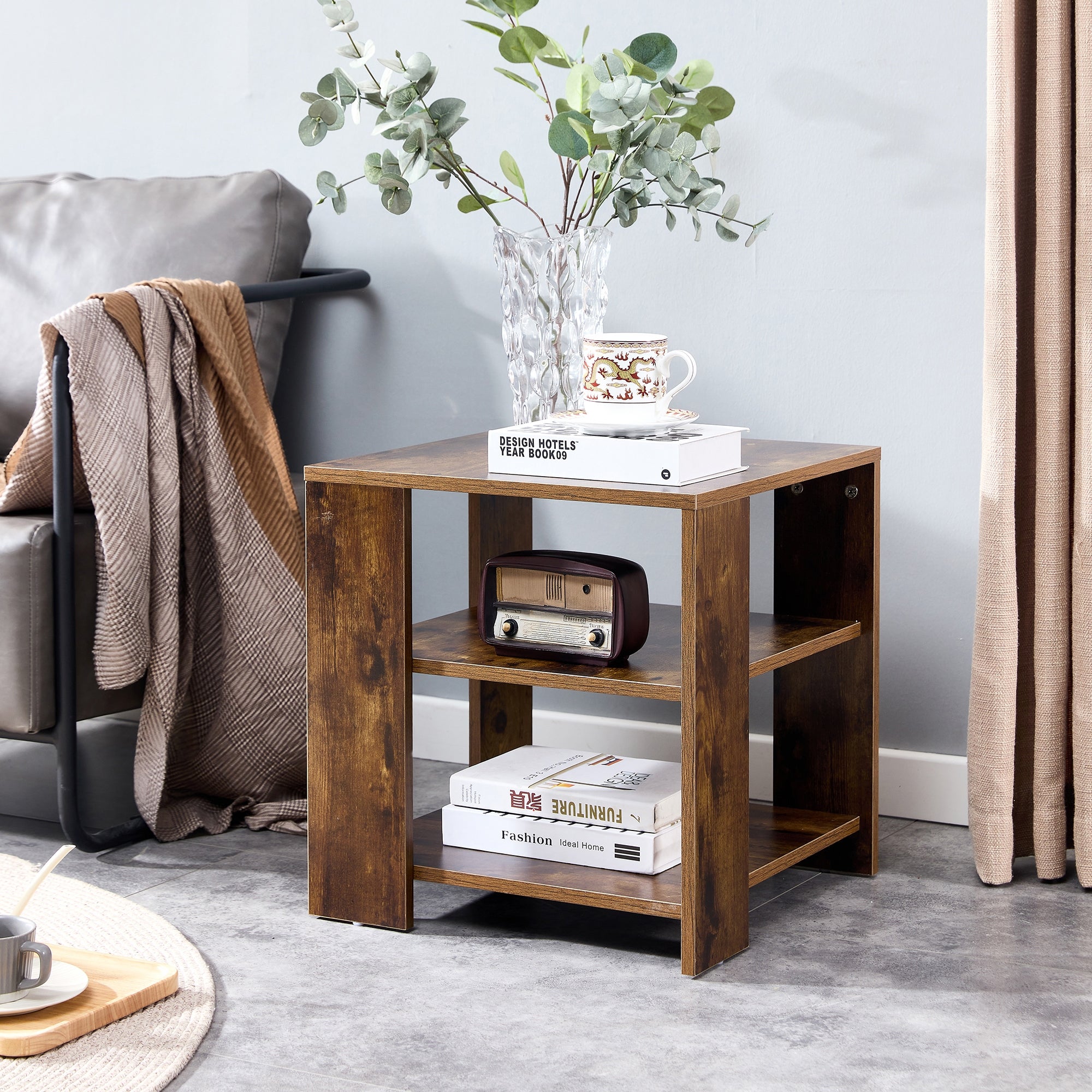 1 Pack Square Side Table with Simple Style Design, 3 tier end table, Wood Nightstand for Bedroom