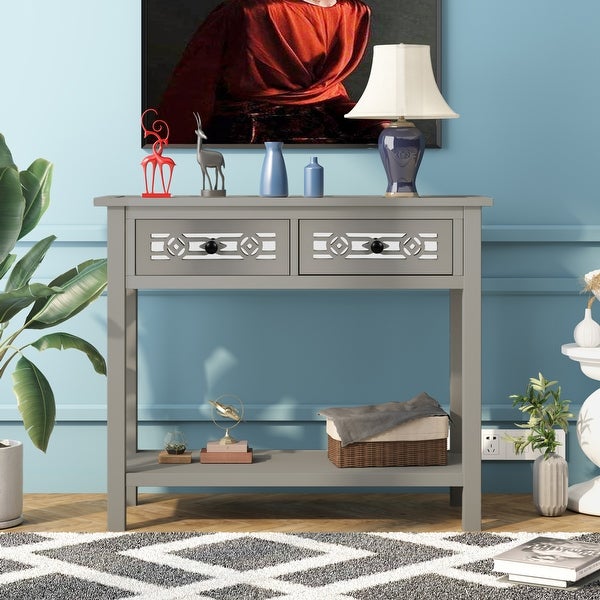 Classic Wooden Console Table with 2 Top Drawers and Open Storage Shelf, Sofa Table with Hollow-out Decoration, Silver