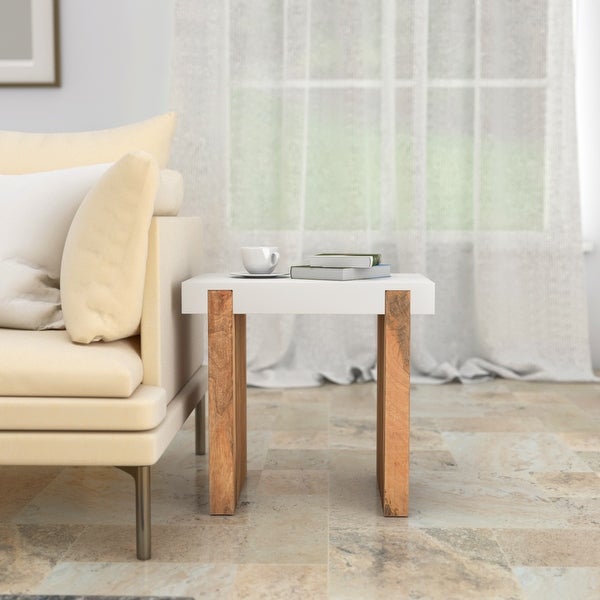 Kerry 20 Inch Rectangular End Side Table, Mango Wood, Sled Base, Glossy White, Natural Brown