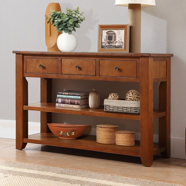 48'' Solid Pine Wood Top Console Table, Modern Entryway Sofa Side Table with 3 Storage Drawers and 2 Shelves. Easy to Assemble