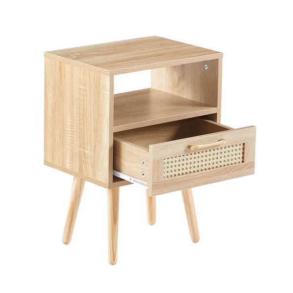 Modern Rattan Side table/Nightstand with 1 Shelf,1 drawer and 4 Solid Wood Legs