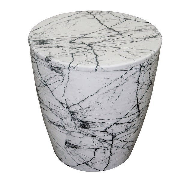16 Inch Round Accent Side Table, Aluminum Sheet, Faux Marble, Enamel Coating, White