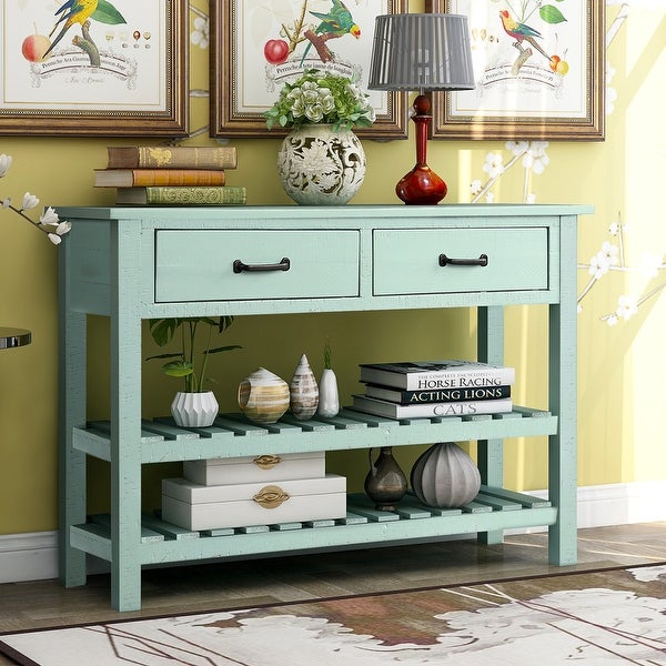 Retro Console Table for Entryway with Drawers and Shelf, Antique Blue