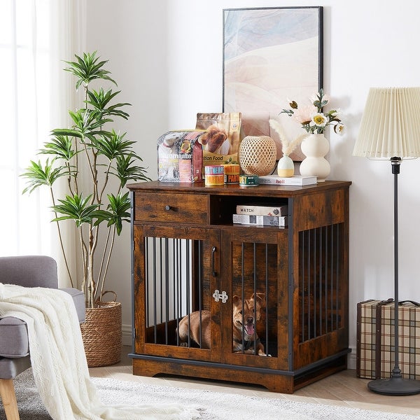 Industrial Furniture Style Dog Crate Dog Kennel with Loackable Door and Removable Bottom Tray, Side Table End Table with Storage