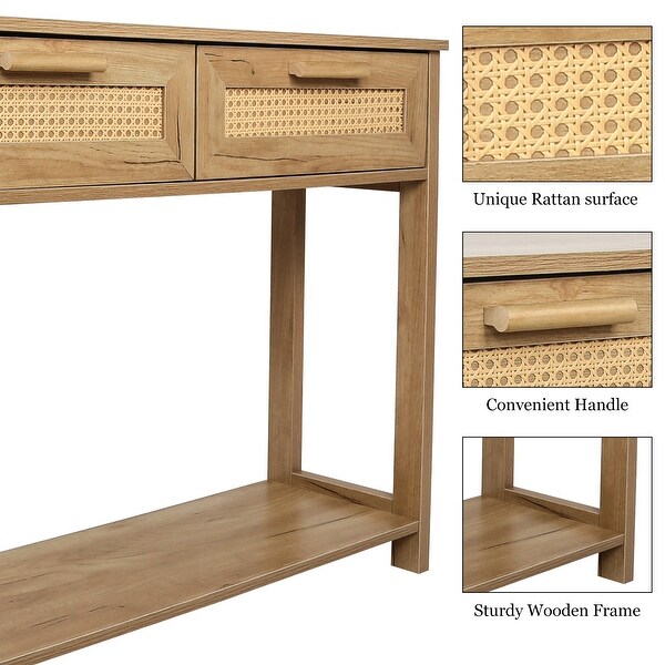 Wooden Console Table with 2 Drawers and Open Bottom Shelf,Natural