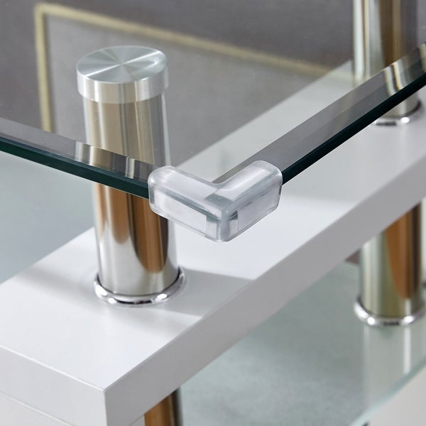 MDF Console Table, Tempered Glass Top, Modern Foyer Area Table, Wide High-Gloss MDF Legs