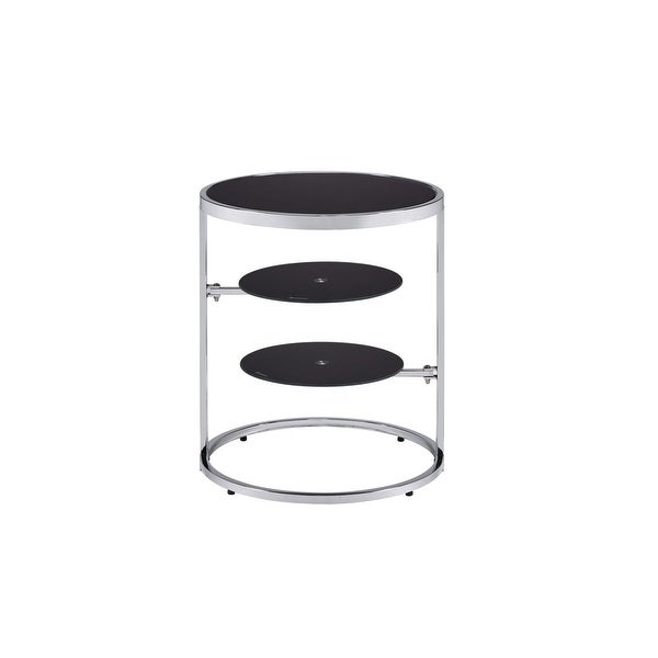 Round Side Table 2 Swiel Tier Shelf Open Frame Tempered Glass Side Table, Black and Chrome Finish