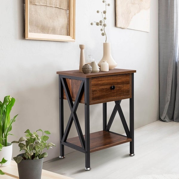 Nightstand with Drawer and Open Storage Shelves, Bedside End Table for Bedroom Living Room