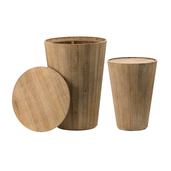 23, 18 Inch Storage Side Table, Fir Wood, Set of 2, Natural Brown Finish