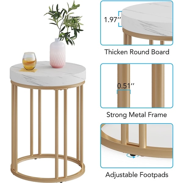 White Gold Round End Table, Modern Bedside Nightstand Faux Marble Top