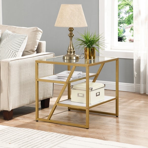 Side Table, End Table with Storage Shelf, Tempered Glass Coffee Table with Metal Frame