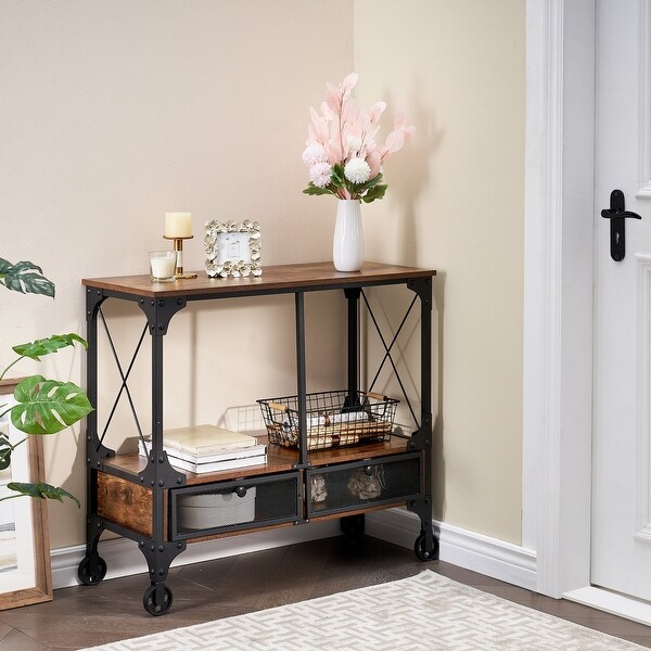 Industrial Console Table with Drawer and Storage Shelf, 4-Foot Wheels, Brown