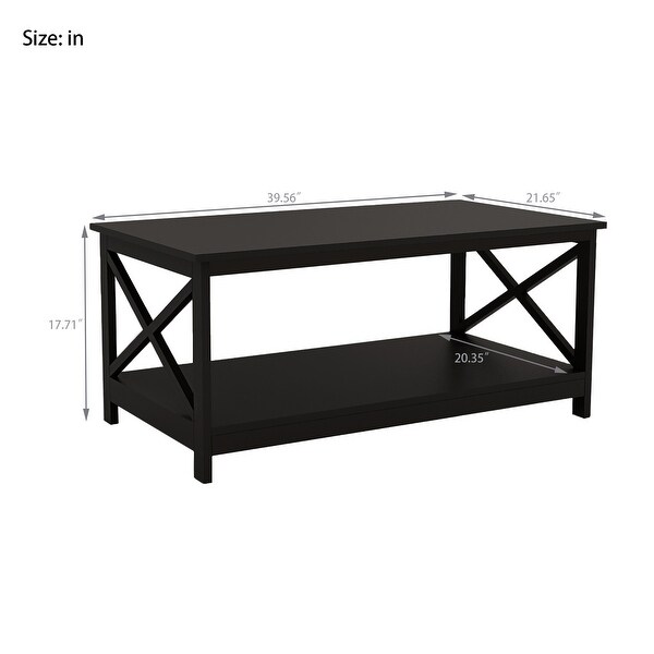 Coffee Table 39.56 in. L, X leg End Table with Bottom Shelf, Black