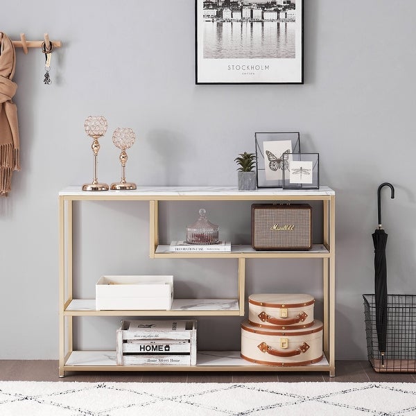 ivinta 3-Tier Console Table White Entryway Table with Shelves, Gold Sofa Tables for Living Room