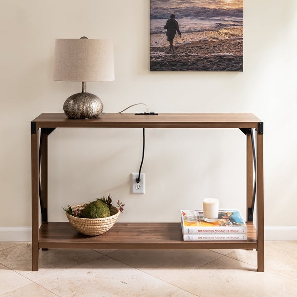 Industrial Rectangular Wood Console Table with AC Power and USB Charging Ports, Walnut