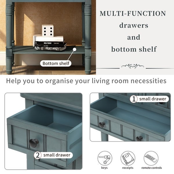 Narrow Console Table with 3 Storage Drawers and Black Round Deco Knobs, Slim Sofa Table with Bottom Shelf, Navy