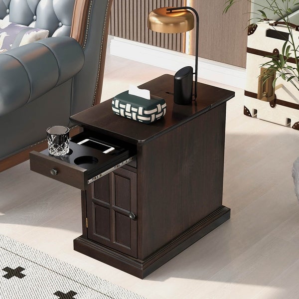Vintage Wood End Table Side Table w/ USB Ports and Cup Holders