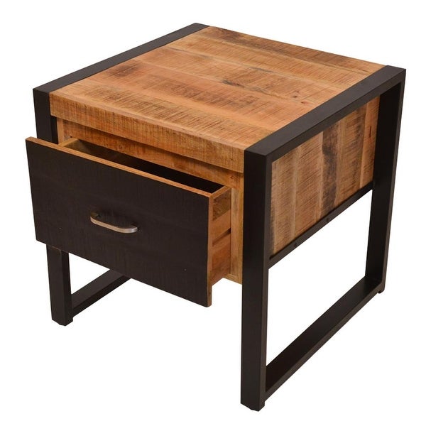24 Inch Single Drawer Wooden Side Table with Metal Frame, Brown and Black - 24 L X 24 W X 24 H Inches