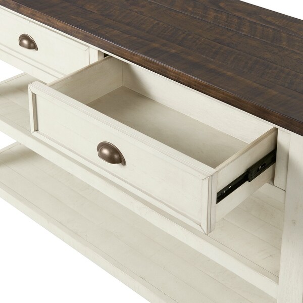 Fiya 50 Inch Coastal Sofa Console Table, 2 Drawers, 2 Shelves, Brown, White