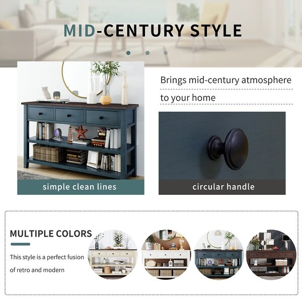 Mid-Century Style Console Table with 3 Drawers 2 Open Shelves, Modern Sofa Table with Solid Wood Frame and Legs for Living Room