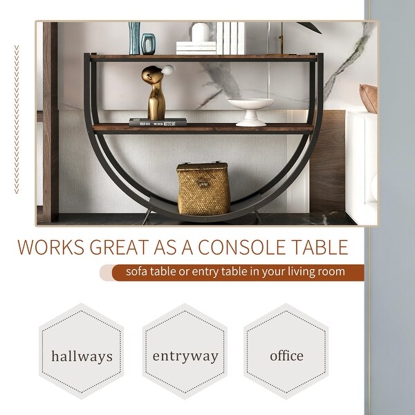 Industrial Demilune Textured Metal Wood Console Table,Distressed Brown