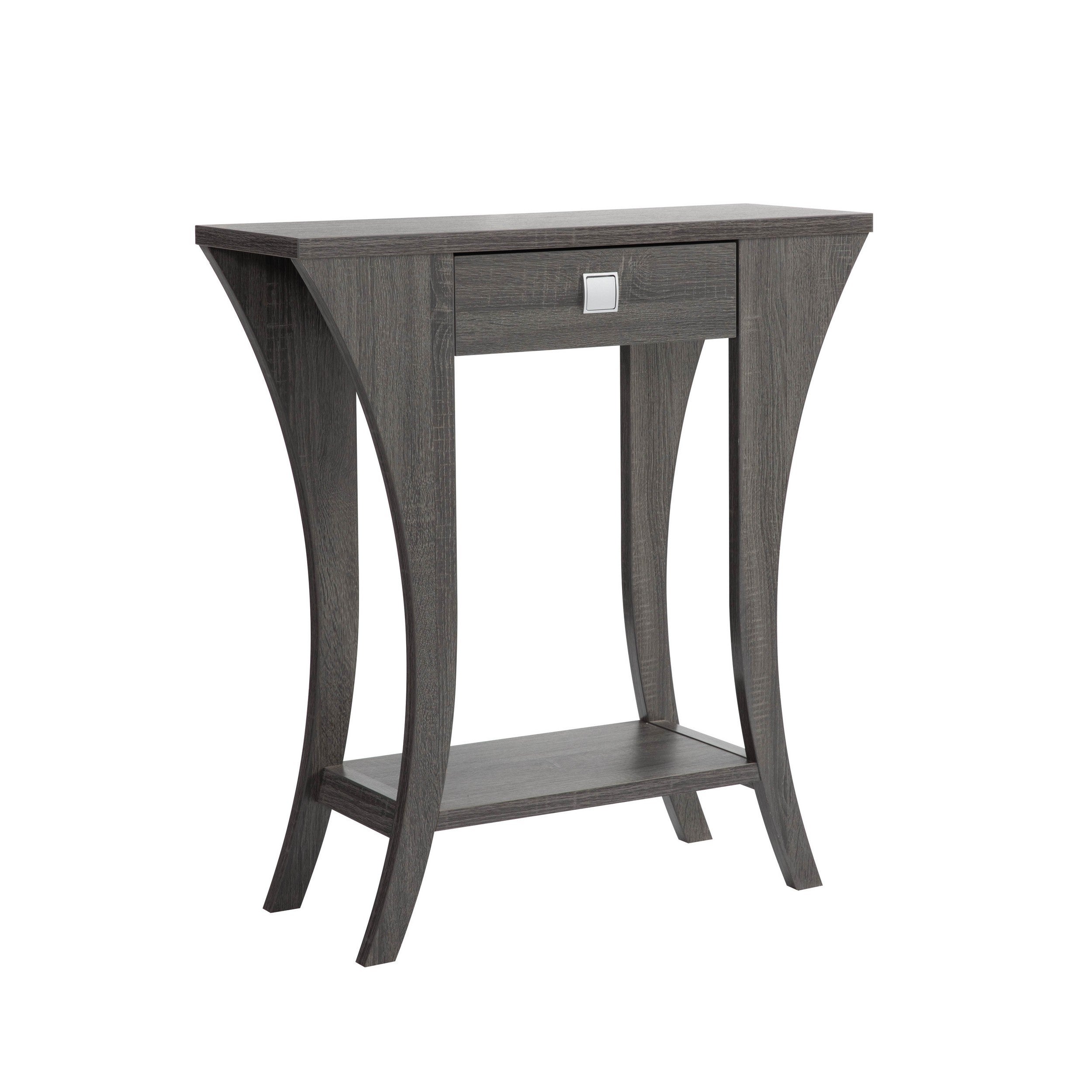34 Inch Console Table with Drawer and Shelf, Curved Legs, Distressed Gray