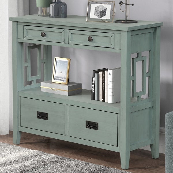 38'' Farmhouse Pine Wood Console Table with 4 Drawers and 1 Open Storage Shelf, Sofa Table for Entryway, Living Room, Bedroom