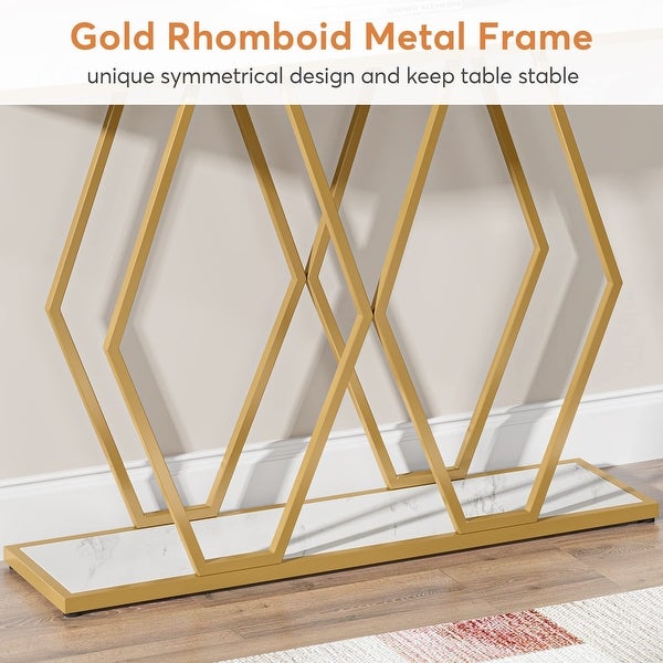 55 Inch Gold Console Table, Modern Entryway Sofa Table with Fuax Marble Finish