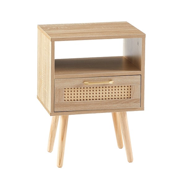 Modern Rattan Side table/Nightstand with 1 Shelf,1 drawer and 4 Solid Wood Legs