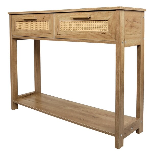Wooden Console Table with 2 Drawers and Open Bottom Shelf,Natural