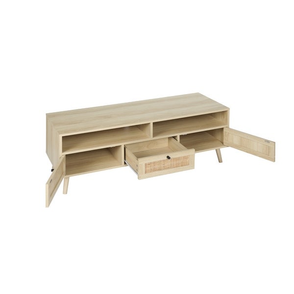 Rattan TV Stand with Solid Wood Feet, TV Console Table for Living Room, Natural