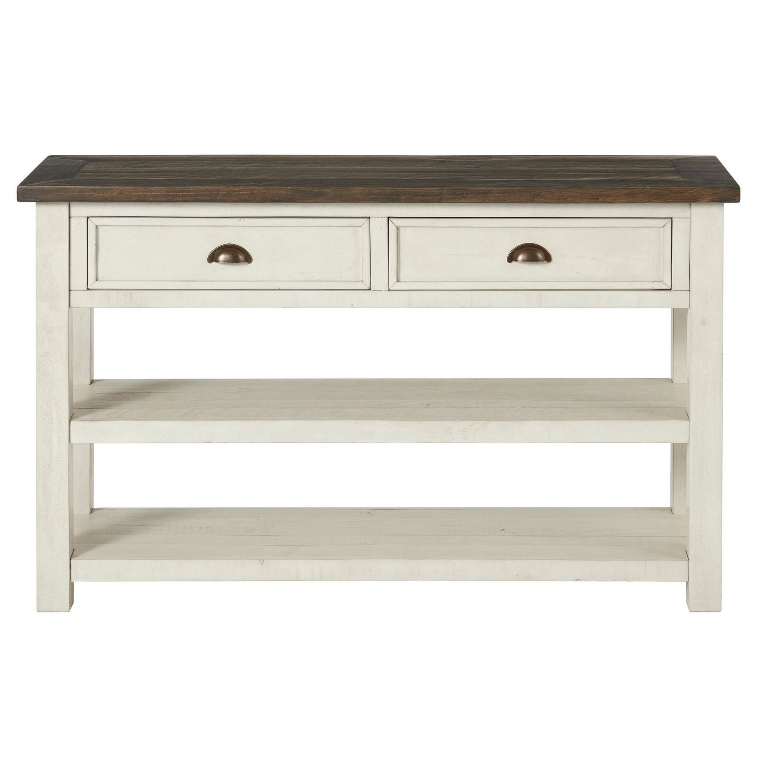 Fiya 50 Inch Coastal Sofa Console Table, 2 Drawers, 2 Shelves, Brown, White