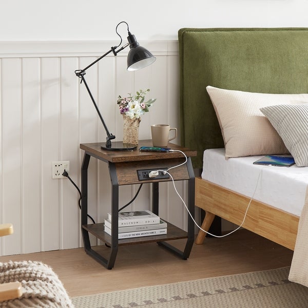 Set of 2 Side Tables with Charging Station, End Tables with USB Ports and Sockets, Bedside Tables for Living Room, Bedroom