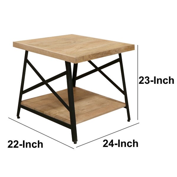 Rectangle Side Table with Open Bottom Shelf and Metal Legs, Brown and Gray
