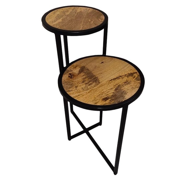 Two Tier Round Wooden Side Table with Metal Frame, Brown and Brass - 13 L X 20 W X 26 H Inches